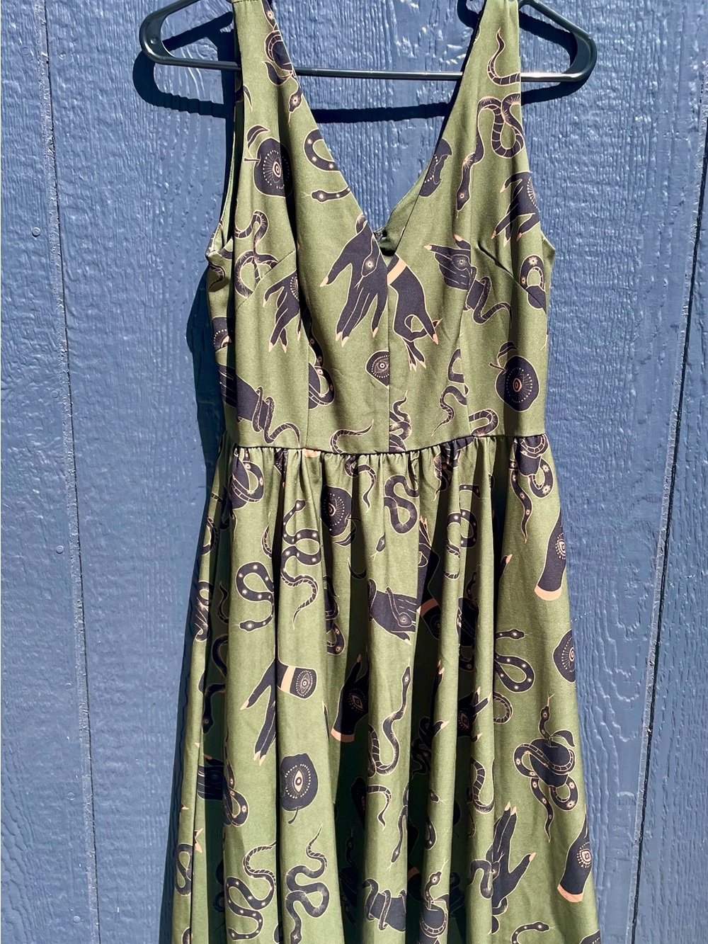 Laura Byrnes Pinup Olive Green Dress with Garden of Eden Print